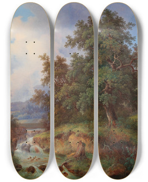 Triptych art skateboard deck of Joseph Jonas Gebirgslandschaft Mit Wanderern by Joseph Jonas (1805-1863)