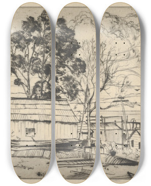 Triptych art skateboard deck of Ernest Haskell Chinatownmonterey by Ernest Haskell (1876-1925)