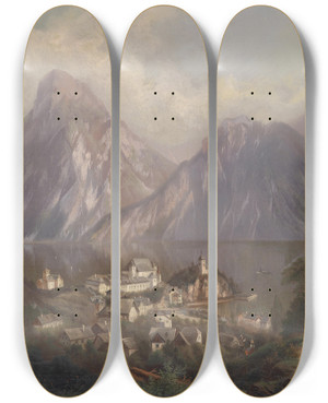 Triptych art skateboard deck of Ferdinand Lepie Blick Auf Traunkirchen by Ferdinand Lepie (1824-1883)