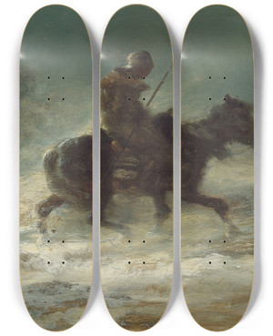 Triptych art skateboard deck of Adolf Schreyer Man With Lance Riding Through The Snow by Adolf Schreyer (1828-1899)