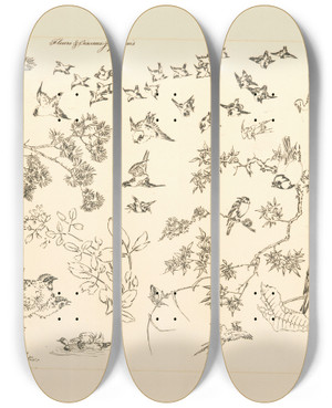 Triptych art skateboard deck of Flix Bracquemond Fleurs Et Oiseaux Japonais by Felix Bracquemond (1833-1914)