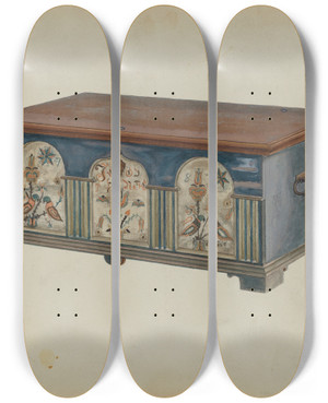 Triptych art skateboard deck of Bernard Krieger Pa German Dower Chest_1 by Bernard Krieger