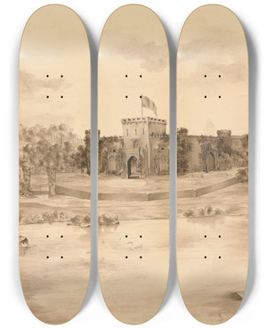 Triptych art skateboard deck of Edward Francis Burney River Landscape With Castle by Edward Francis Burney (1760-1848)