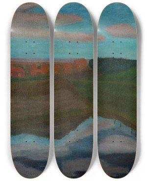 Triptych art skateboard deck of Paula Modersohnbecker Herbstlandschaft Am Weyerberg Mit Tmpel by Paula Modersohn-Becker (1876-1907)