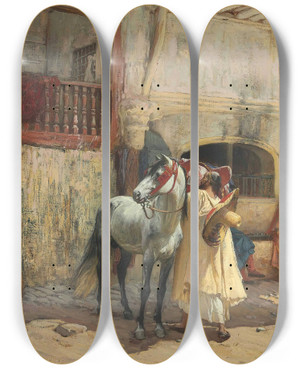 Triptych art skateboard deck of Frederick Arthur Bridgman Off For A Ride Constantine Algeria by Frederick Arthur Bridgman (1847-1928)