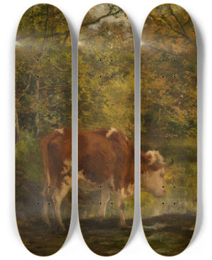 Triptych art skateboard deck of Hippolyte Boulenger Cow At The Ditch by Hippolyte Boulenger (1837-1874)
