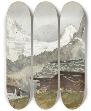 Triptych art skateboard deck of John Singer Sargent Chalets Breithorn Mrren by John Singer Sargent (1856-1925)