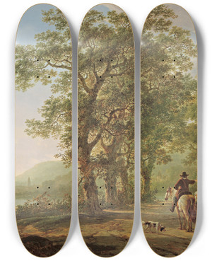 Triptych art skateboard deck of Jacob Van Strij Figures In A Forest Landscape by Jacob Van Strij (1756-1815)
