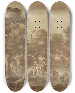 Triptych art skateboard deck of Cornelis Van Poelenburch Diana And Actaeon by Cornelis Van Poelenburch (1594-1667)