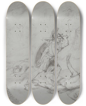 Triptych art skateboard deck of Jean Antoine Verschaeren Achilles Kills Hector_2 by Jean Antoine Verschaeren (1803-1863)