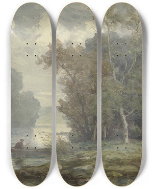 Triptych art skateboard deck of Peter Burnitz Jger In Einem Kahn An Waldigem Ufer by Peter Burnitz (1824-1886)