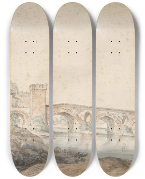 Triptych art skateboard deck of Claudejoseph Vernet Ponte Molle Rome by Claude Joseph Vernet (1714-1789)