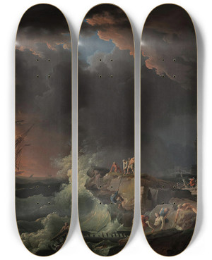 Triptych art skateboard deck of Claudejoseph Vernet A Shipwreck With Figures Coming Ashore by Claude Joseph Vernet (1714-1789)