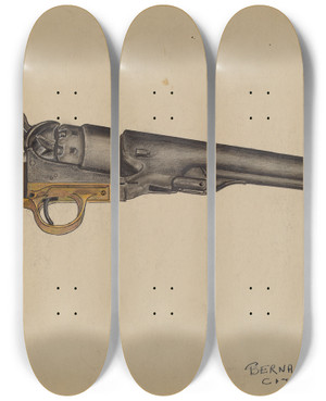 Triptych art skateboard deck of Bernard Krieger Colt Revolver by Bernard Krieger
