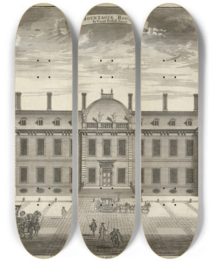 Triptych art skateboard deck of Sutton Nicholls Montague House by Sutton Nicholls (1700-1740)