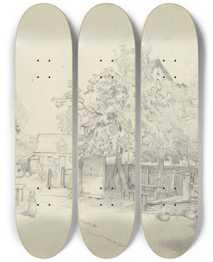 Triptych art skateboard deck of Jakob Frchtegott Dielmann Das Wirtshaus Eberhardt Bei Ginnheim by Jakob Furchtegott Dielmann (1809-1885)