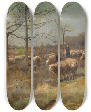 Triptych art skateboard deck of Cornelius Van Leemputten A Sunny Day In March by Cornelius Van Leemputten (1841-1902)