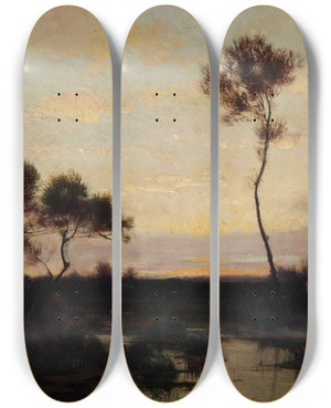 Triptych art skateboard deck of Thodore Rousseau Lake Landscape by Theodore Rousseau (1812-1867)