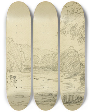 Triptych art skateboard deck of David Cox River Scene_2 by David Cox (1783-1859)