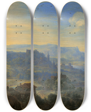 Triptych art skateboard deck of Herman Saftleven Imaginary River Landscape by Herman Saftleven (1609-1685)
