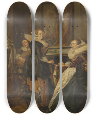 Triptych art skateboard deck of Pieter Codde An Elegant Company In An Interior by Pieter Codde (1599-1678)