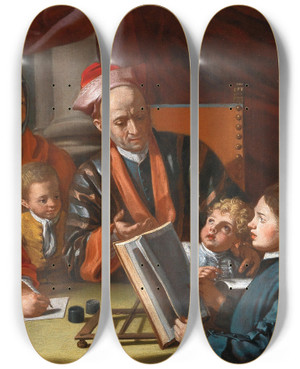 Triptych art skateboard deck of Giuseppe Bonito The Lesson by Giuseppe Bonito (1707-1789)