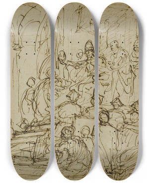 Triptych art skateboard deck of Domenico Cresti Enthroned King With Attendants by Domenico Cresti (1559-1638)