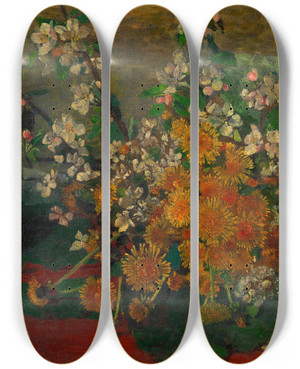 Triptych art skateboard deck of Tina Blau Blumenstck Lwenzahn Und Apfelblten by Tina Blau (1845-1916)
