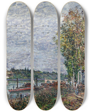 Triptych art skateboard deck of Alfred Sisley Jour De Brouillard Saintmamms by Alfred Sisley (1840-1899)