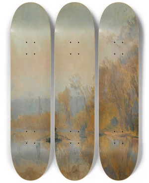 Triptych art skateboard deck of Albert Lebourg Le Passeur by Albert Lebourg (1849-1928)