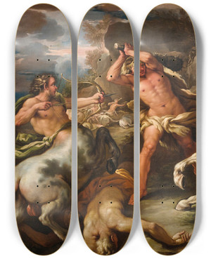 Triptych art skateboard deck of Giuseppe Simonelli Battle Of The Centaurs Against The Lapiths by Giuseppe Simonelli (1650-1710)