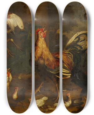Triptych art skateboard deck of Melchior Dhondecoeter Commotion In The Chicken Run by Melchior d'Hondecoeter (1636-1695)