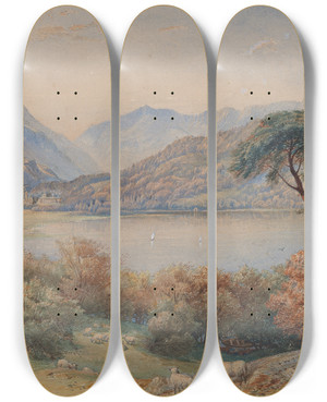Triptych art skateboard deck of Charles Reginald Aston Landscape With Sheep by Charles Reginald Aston (1832-1908)