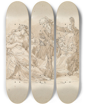 Triptych art skateboard deck of Edward Francis Burney Theatrical Scene by Edward Francis Burney (1760-1848)