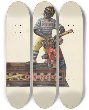Triptych art skateboard deck of Ethel Clarke Toy Bank by Ethel Clarke