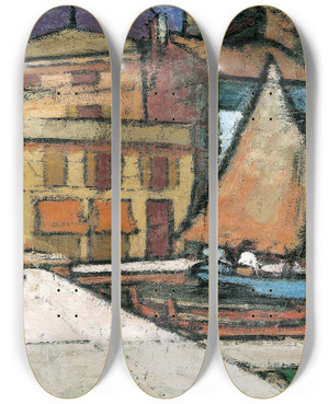 Triptych art skateboard deck of Anton Kerschbaumer Am Hafen Von Malcesine by Anton Kerschbaumer