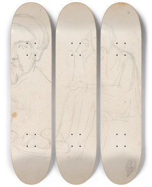 Triptych art skateboard deck of Adolph Tidemand Figure Studies Jug And Dish by Adolph Tidemand (1814-1876)
