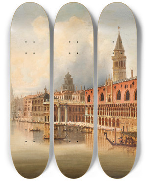 Triptych art skateboard deck of Johann Wilhelm Jankowsky A Venetian Scene by Johann Wilhelm Jankowsky (1825-1870)
