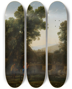 Triptych art skateboard deck of Claude Lorrain The Flight Into Egypt by Claude Lorrain (1604-1682)