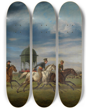 Triptych art skateboard deck of Rudolf Kuntz Ein Pferderennen by Rudolf Kuntz (1798-1848)