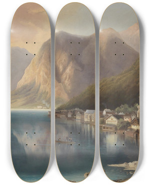 Triptych art skateboard deck of Gustav Barbarini Blick Auf Hallstatt_1 by Gustav Barbarini (1840-1909)