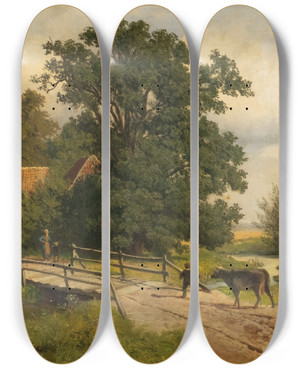 Triptych art skateboard deck of Carl Seibels Return From The Cattle Market by Carl Seibels (1844-1877)