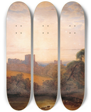 Triptych art skateboard deck of Peter De Wint Kenilworth Castle by Peter De Wint (1784-1849)
