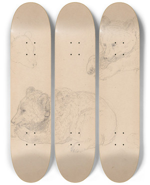Triptych art skateboard deck of Adolph Tidemand Studies Of Bear Cubs by Adolph Tidemand (1814-1876)