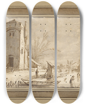 Triptych art skateboard deck of Esaias Van De Velde Winter Landscape With Tower by Esaias van de Velde (1587-1630)