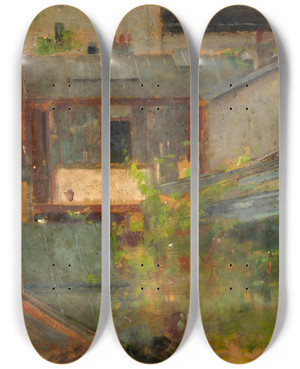 Triptych art skateboard deck of Alice Pike Barney Rooftops by Alice Pike Barney (1857-1931)