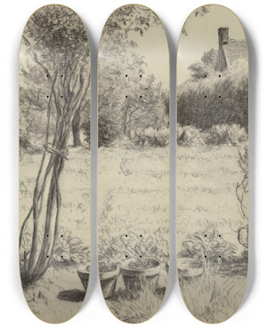 Triptych art skateboard deck of Jeanbaptiste Millet Sunlit Garden by Jean-Baptiste Millet (1831-1906)