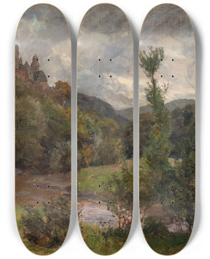 Triptych art skateboard deck of Carl Jutz The Younger Castle Brresheim At Eifel by Carl Jutz The Younger (1873-1915)