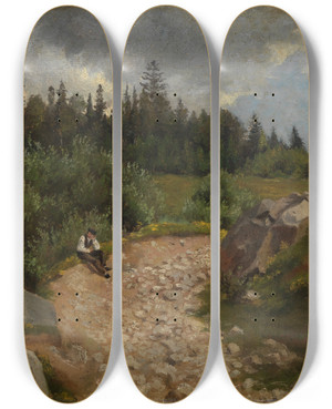 Triptych art skateboard deck of Hans Thoma Steiniger Weg Am Waldrand Mit Sitzendem Mann by Hans Thoma (1839-1924)