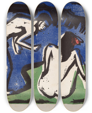 Triptych art skateboard deck of Ernst Ludwig Kirchner Bathing Couple by Ernst Ludwig Kirchner (1880-1938)